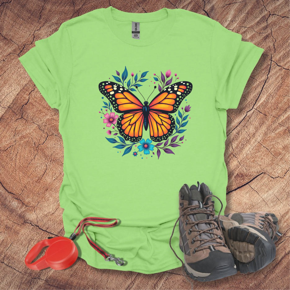 Monarch Butterfly T-Shirt with Flowers